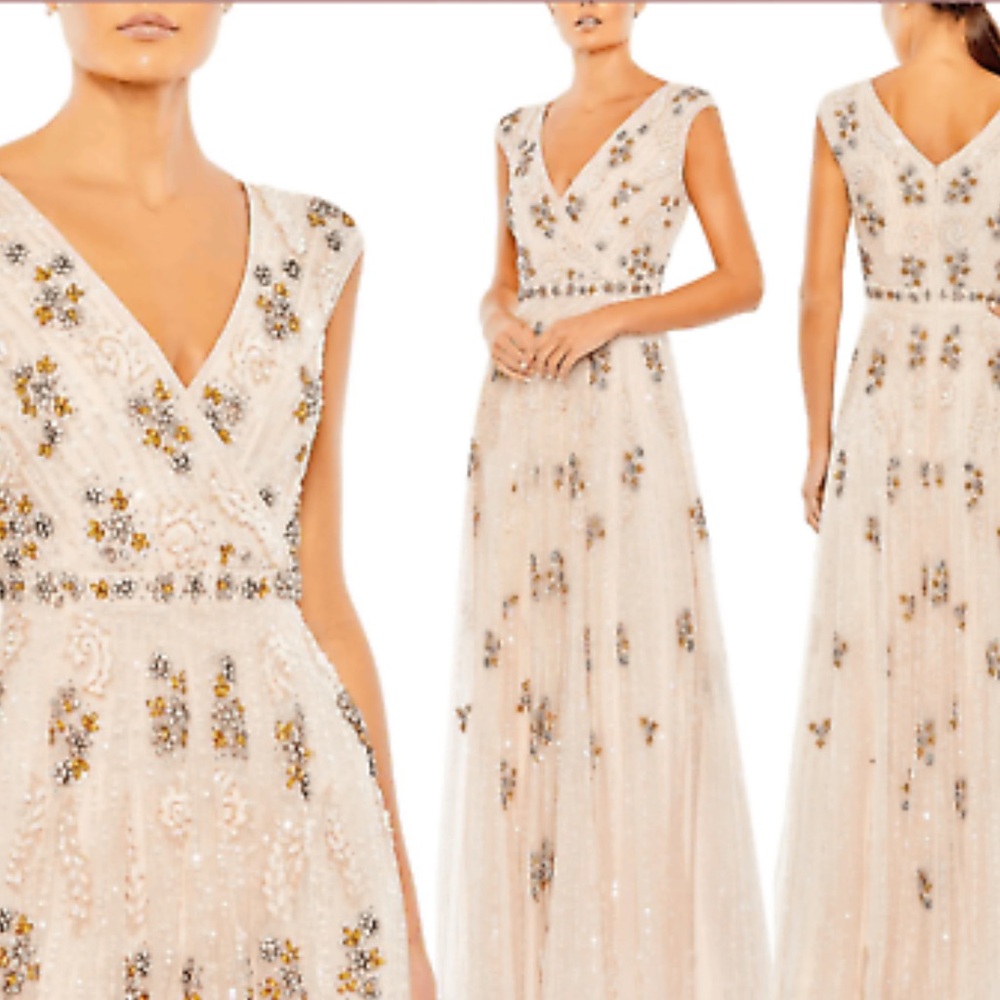 Mac Duggal Cream Embellished V-Neck Maxi Gown